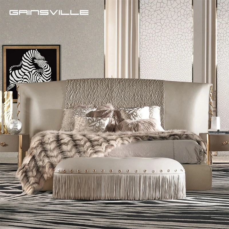Gainsville King Size Luxury Up-holstered Beds Royal Style Noble Elegant Leather Queen Bed For Villa Apartment