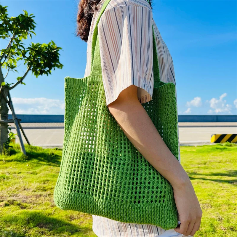 Women Knit Hobo Tote Bag Summer Aesthetic Crochet Shopping Bags Casual Mesh Shoulder Handbag Hand Crochet Bag