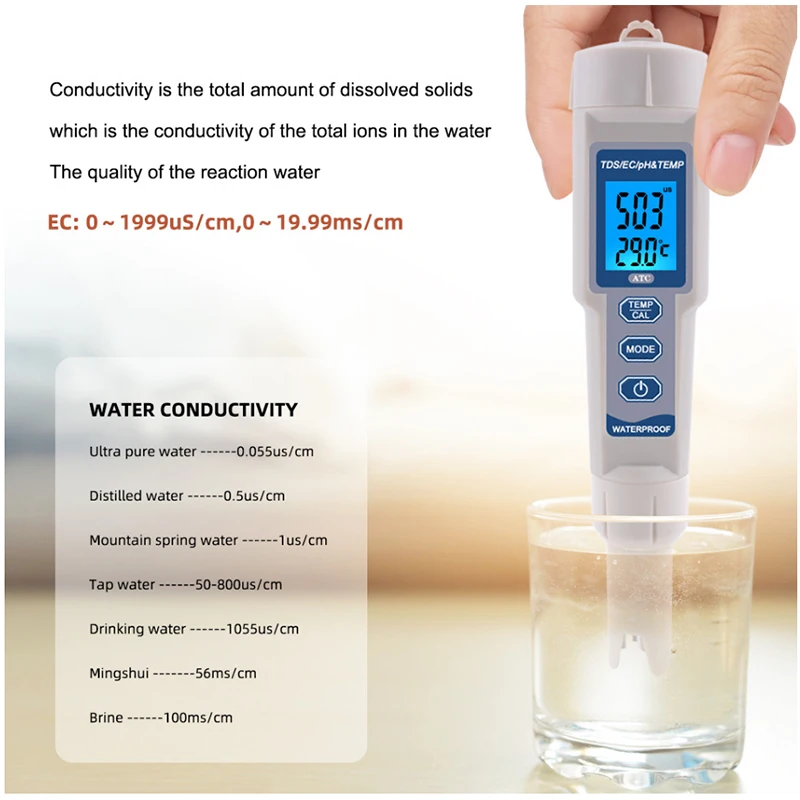 ATC Многофункциональный водонепроницаемый pH/EC/TDS/температура 4 в 1 ph метр