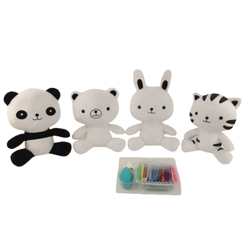 Stuffed White Tiger Plush Bunny Toy with Washable Markers DIY Color Washable Bear Painting Plush Toy for Kids Gift