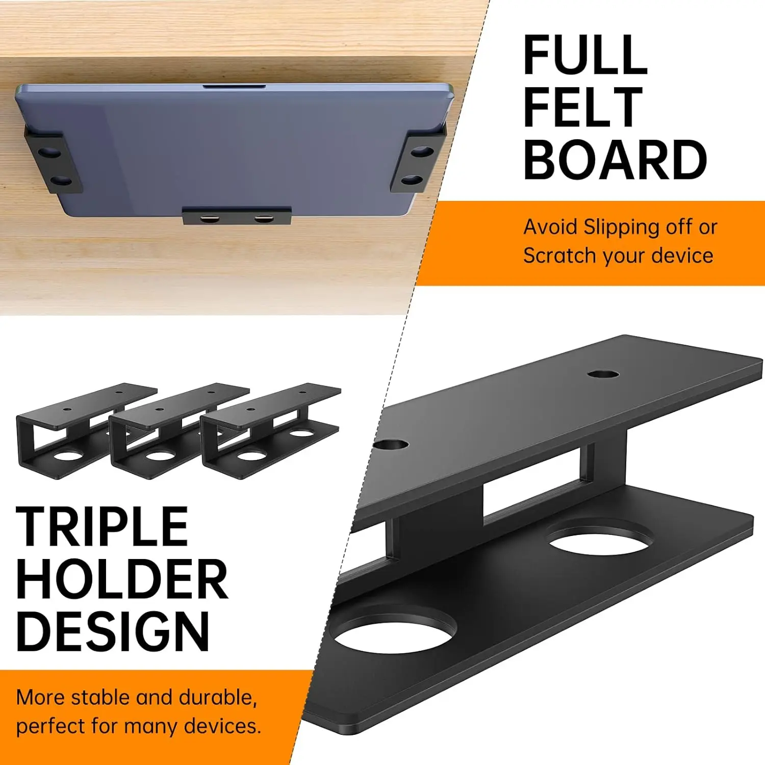 3 PCS Under Desk Laptop Mount with Anti-Scratch Felt Board Under Desk Laptop Holder Tray