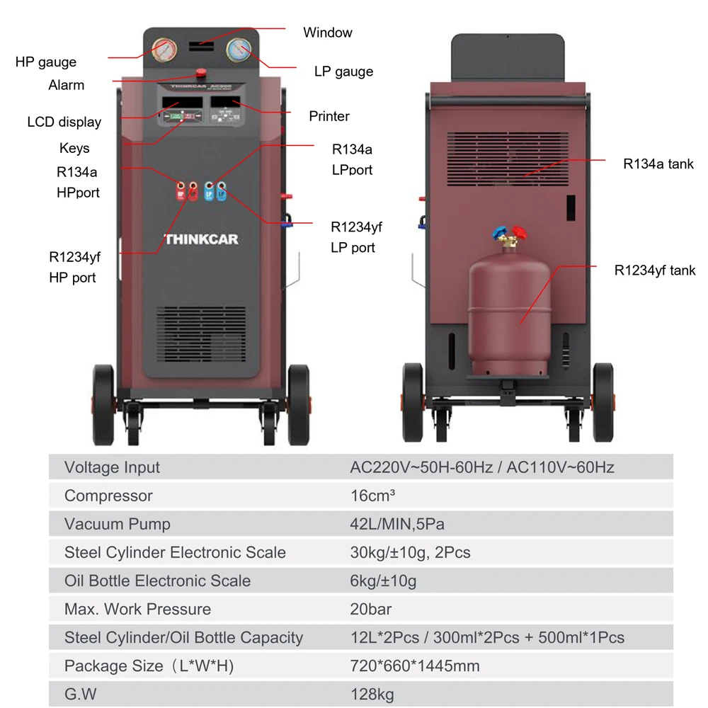 Automotive Air Conditioning Refrigerant Recovery and Charging Machine R134a R1234yf Dual System AC Flush Machine THINKCAR AC200