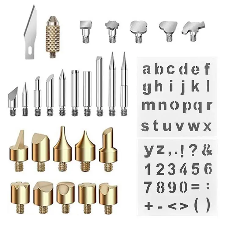 Wood Burning Tool Tip Set 28pcs Brass Embossing & Soldering Tips with Stencils for Wood Pyrography DIY Crafts