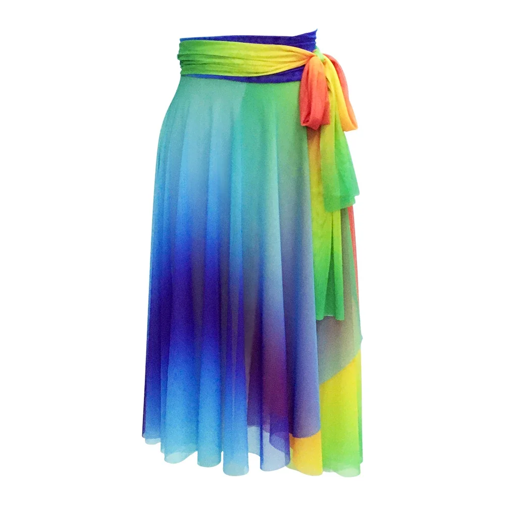 MiDee Rainbow Long Mesh Dress for Girl Women Gradient Lace Up Contemporary Lyrical Dance Wear Modern Ballet Dance Outfit