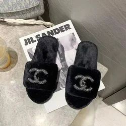 2022 Autumn Winter New Fashion Custom Plus Velvet Home Slippers Bright Diamond Flat Bottom Warm Cotton Thermal Fur Slippers