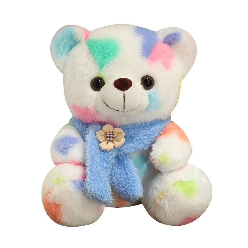 25cm Super Soft Adorable Sitting Teddy Bear Stuffed Animal Colorful Tie Dye Teddy Bear with Scarf and Flower