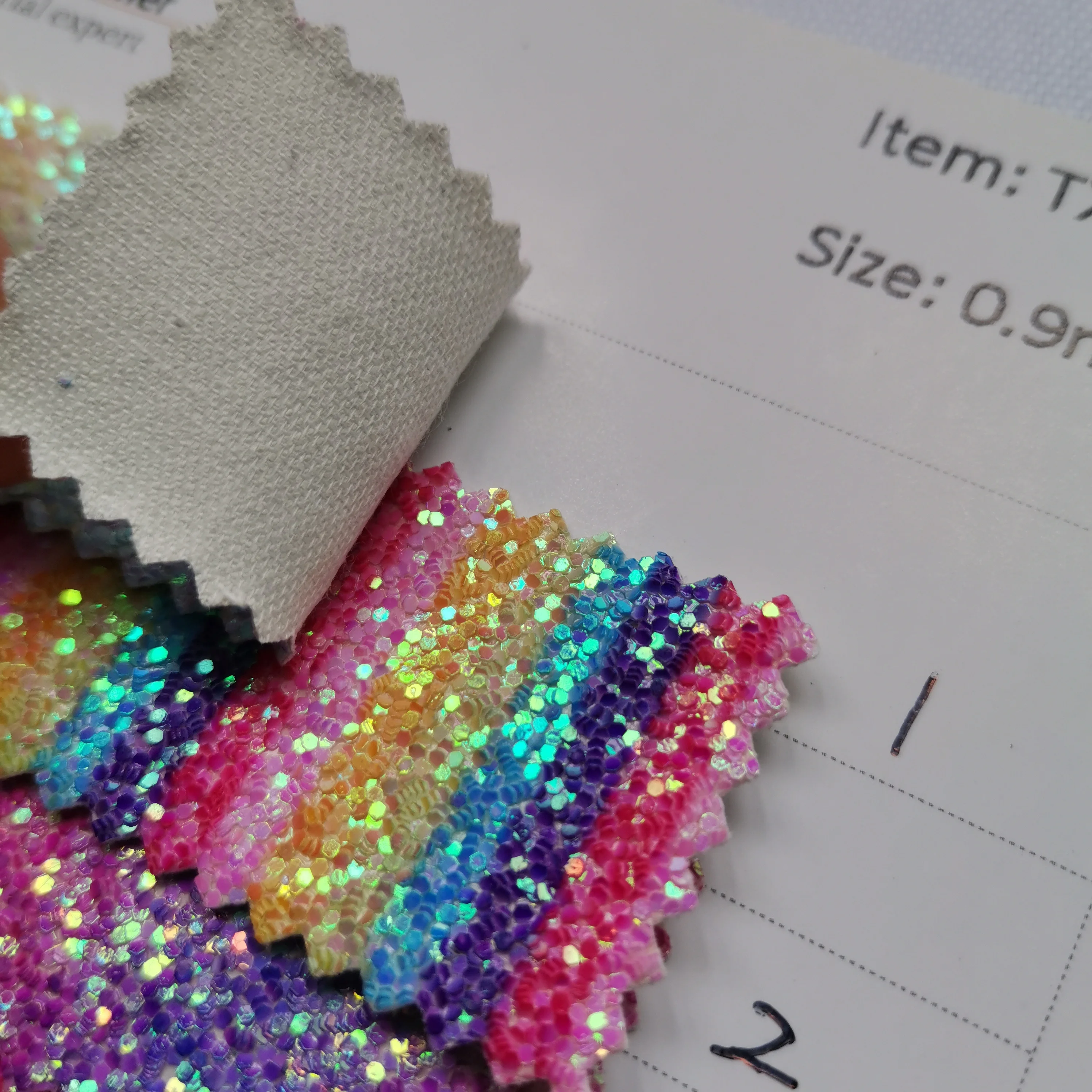 Glitter rainbow Pu Bag Making Glitter Vinyl Pu Leather Glitter Fabric TC Backing