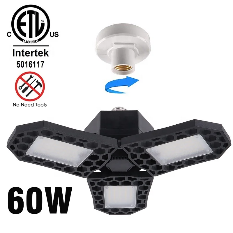 
ETL E27/E26 Super Bright Worklight Deformable Garage LED Ceiling Lamp Light Foldable Pendant Light 60W 6000 Lumens AC 100-240v 