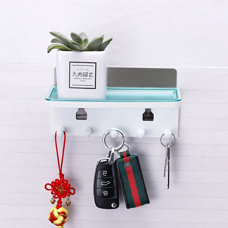 2021Household multi-function wall mounted hanging Living Room  Hanger Key Rack with 5 hooks bathroom plastic Tray Storage Holder