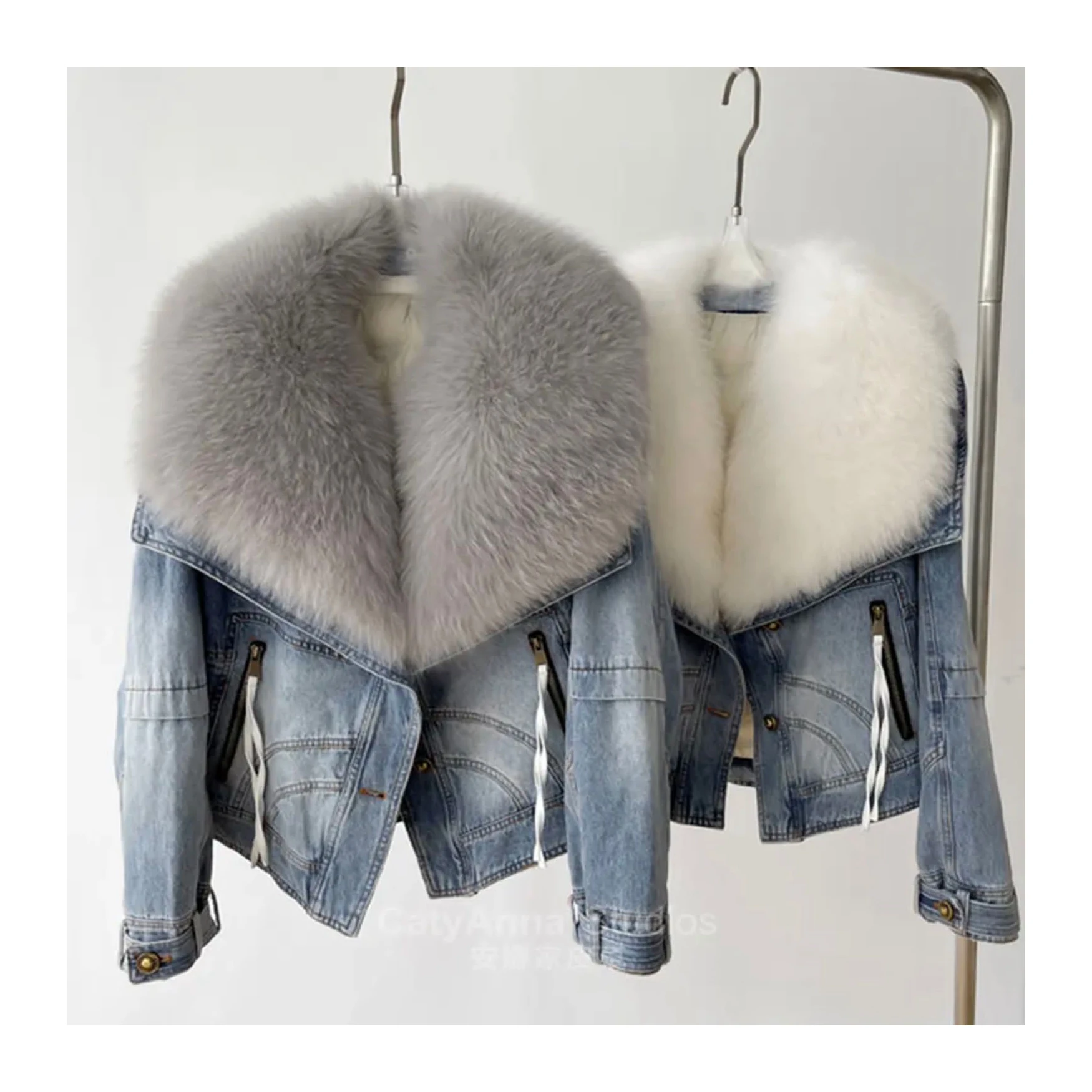 New Design Winter Luxury Denim Shell Feather Goose Down Coat With Big Fox Fur Collar Ladies Women Denim Jacket Parka Fur Coat