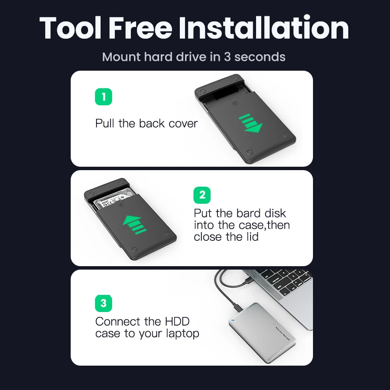 Factory Wholesale Aluminum HDD Caddy External 2.5' Inch Disk Case SATA to USB3.1 5Gbps with USB C Adapter