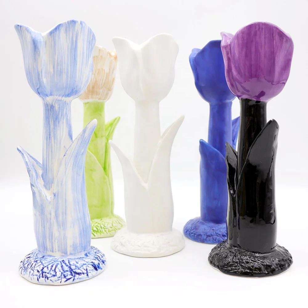 Custom wholesale high-end handmade colorful matter glazed ceramic tulip taper candle stand ceramic floral candlestick holder