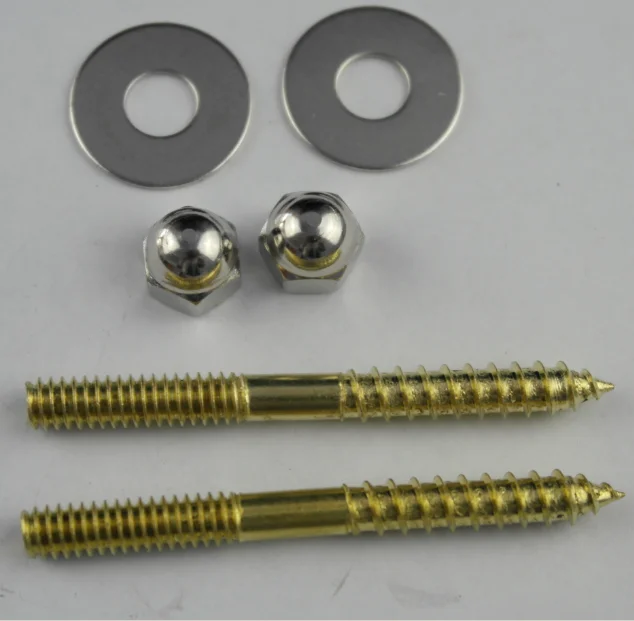 1/4*2-1/2 brass plated T-head toilet bolts , steel anorn nuts , steel retainer washers with polybag