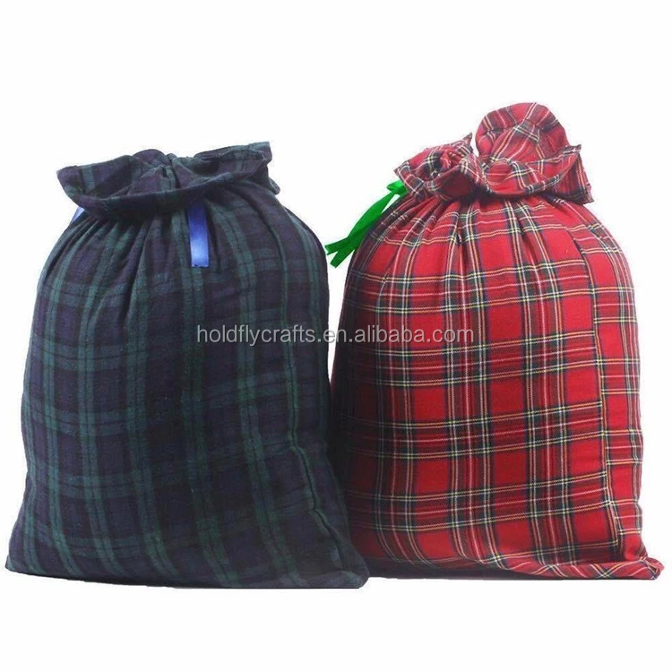 Factory Custom Sublimation Canvas Christmas Santa Sack Red Drawstring Stripe Candy Bag Linen Plaid Blank Large Cotton Gift Sack