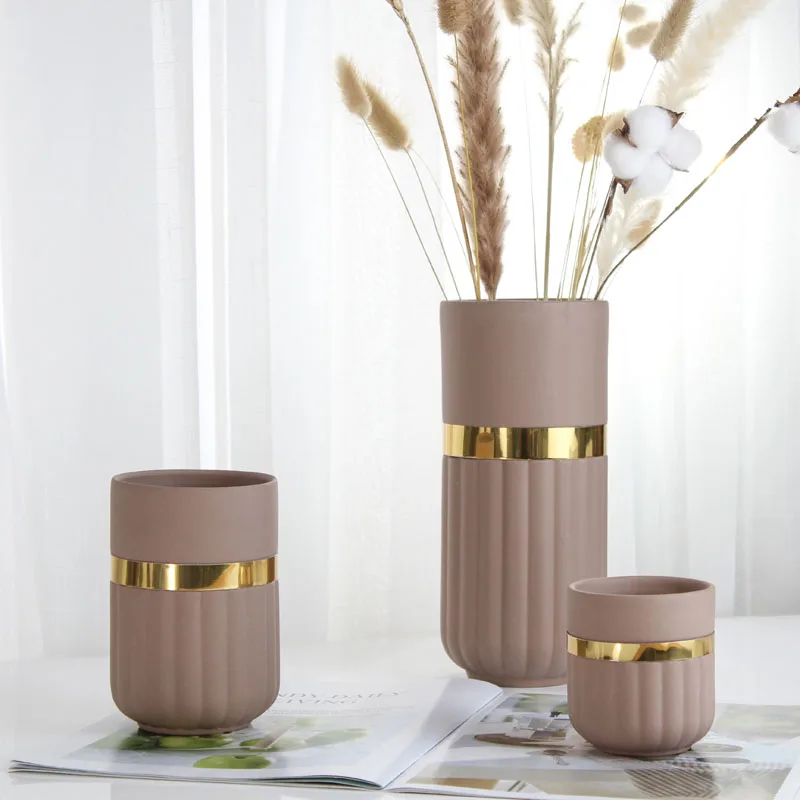 European Style Modern Tabletop White Gold Luxury Cylinder Ceramic Flower Vase for Home Decor