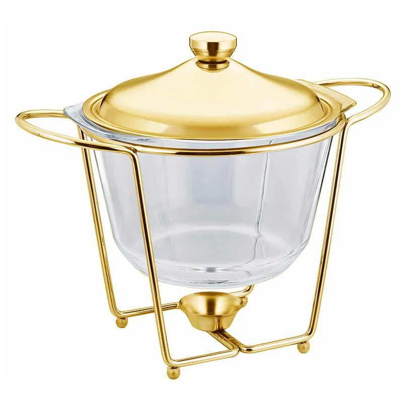 Round Buffet Soup Warmer Chafer Set Glass Food Pan Dishes with Ladle 4L Gold Chafing Dish for Wedding Parties Banquet Catering