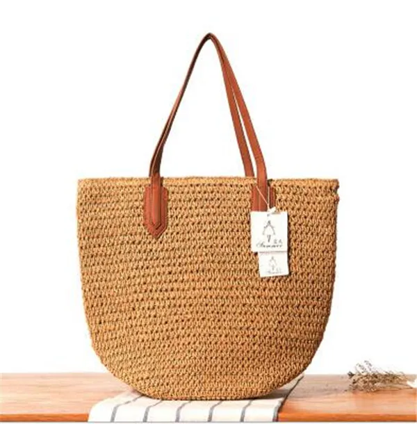 Custom Logo Wholesale Bulk Straw Bag Beach Straw Tote Bag With PU Handle