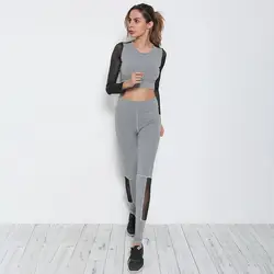 Women Sportswear Long Sleeve Shirt Mesh Crop Top Yoga Pants 2 Piece Sweatsuit Girl Gym Set