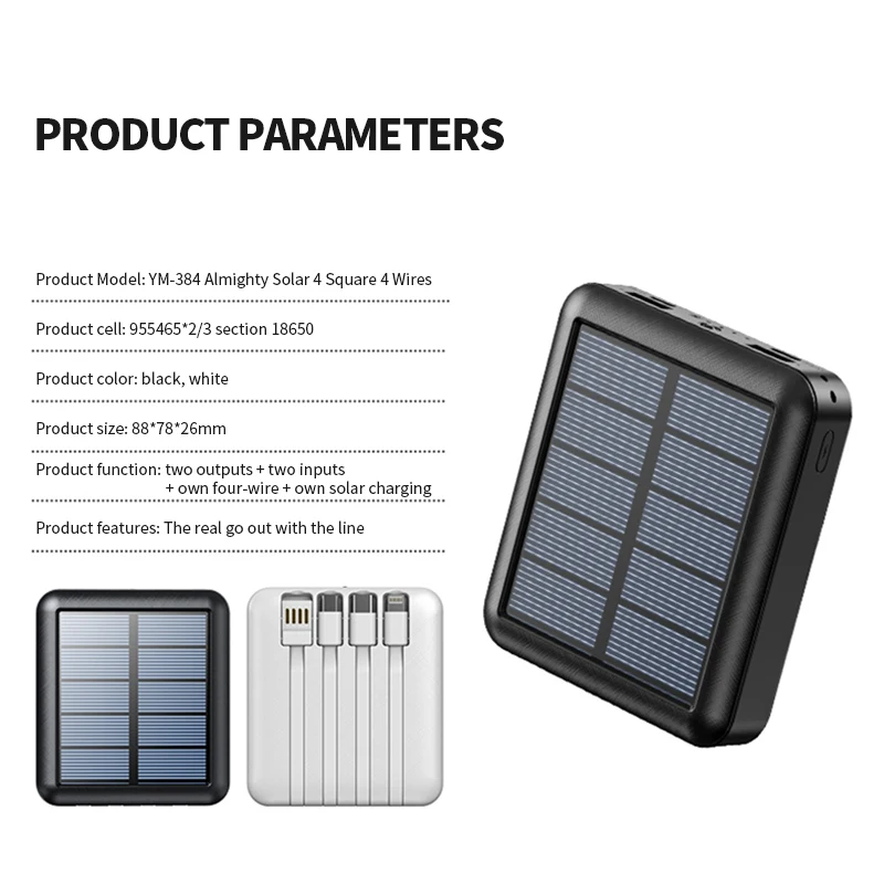 Hot Sale Solar Power Bank 10000mAh Power Banks energy with LED light Portable Powerbank Built in 3 Cables