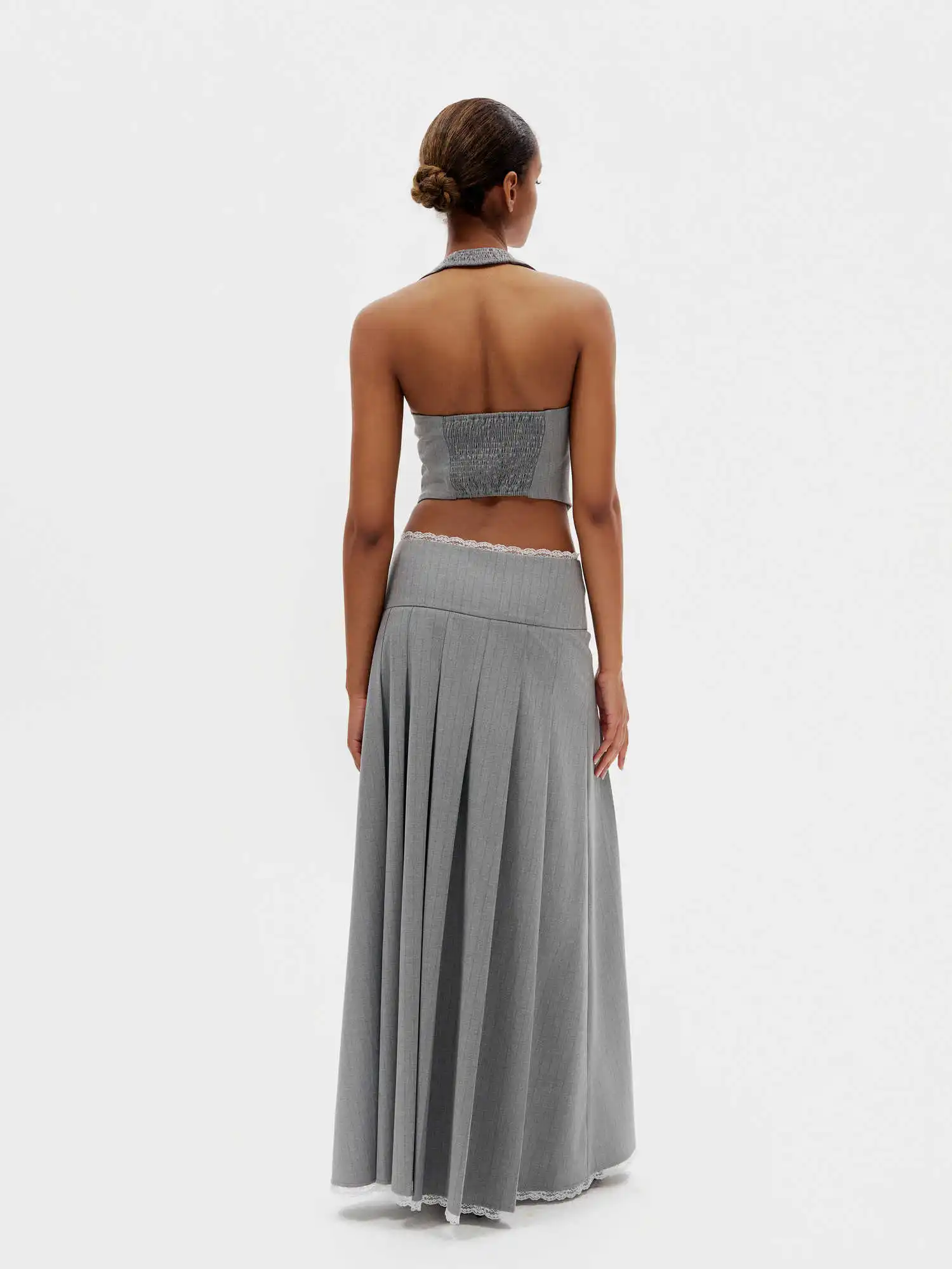 Double-breasted lace backless waistcoat suit suit gray high slit design half-length dress