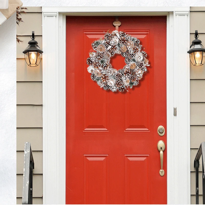 Christmas Light Wreath for Front Door Decoration with Ball Ornaments Poinsettia Flowers Pine Cones for Festival Party