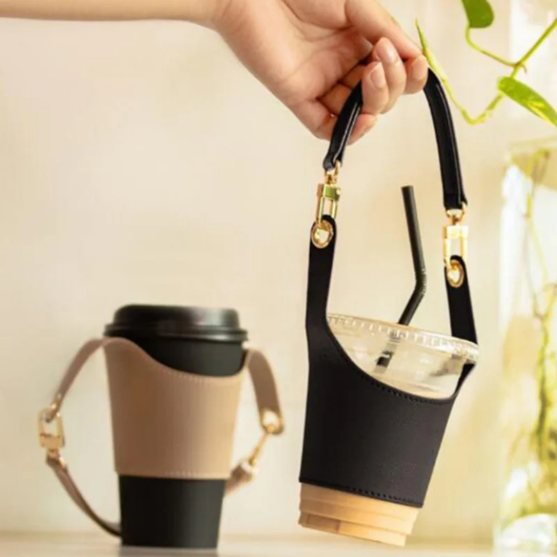 Reusable PU Leather Water Bottle Holder With Adjustable Handle Portable Cup Sleeve Holder for Drinks