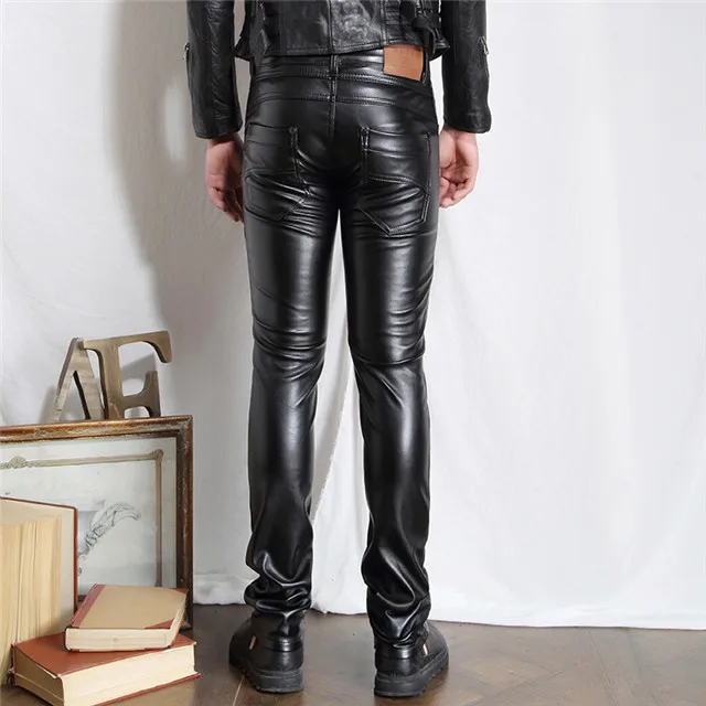 Hot winter man sexy tight pu leather pants black spandex sexy leather pants high waisted skinny black leather pants