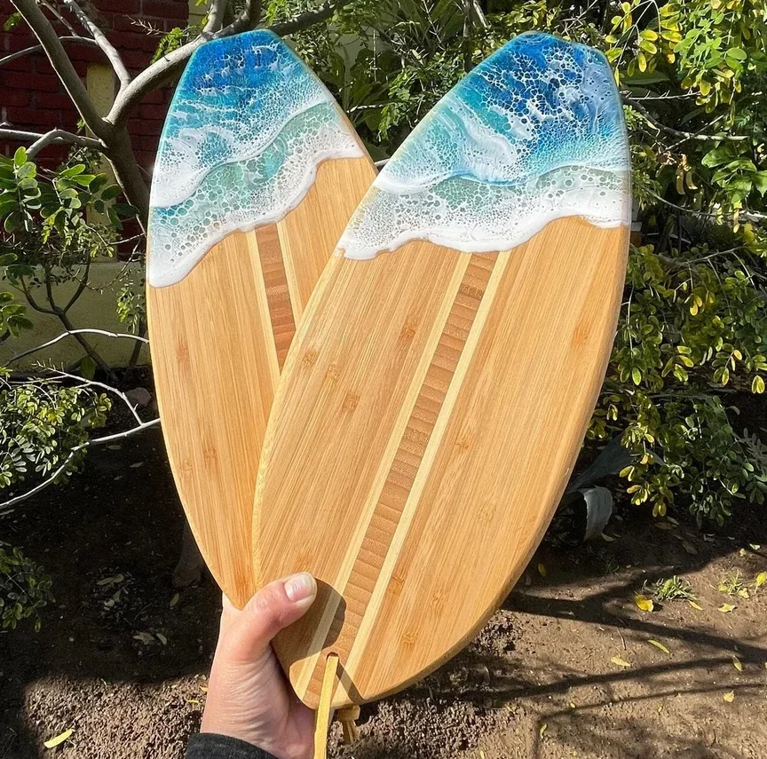 Surfboard Shaped Bamboo Serving Board Bamboo Wood Cutting Board for Beach Resin Art Cheese Platter