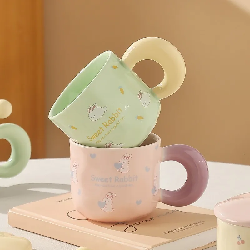 New cute 400ml cartoon Rabbit ceramic mug with cover spoon sweet gift box ceramic coffee milk Cup
