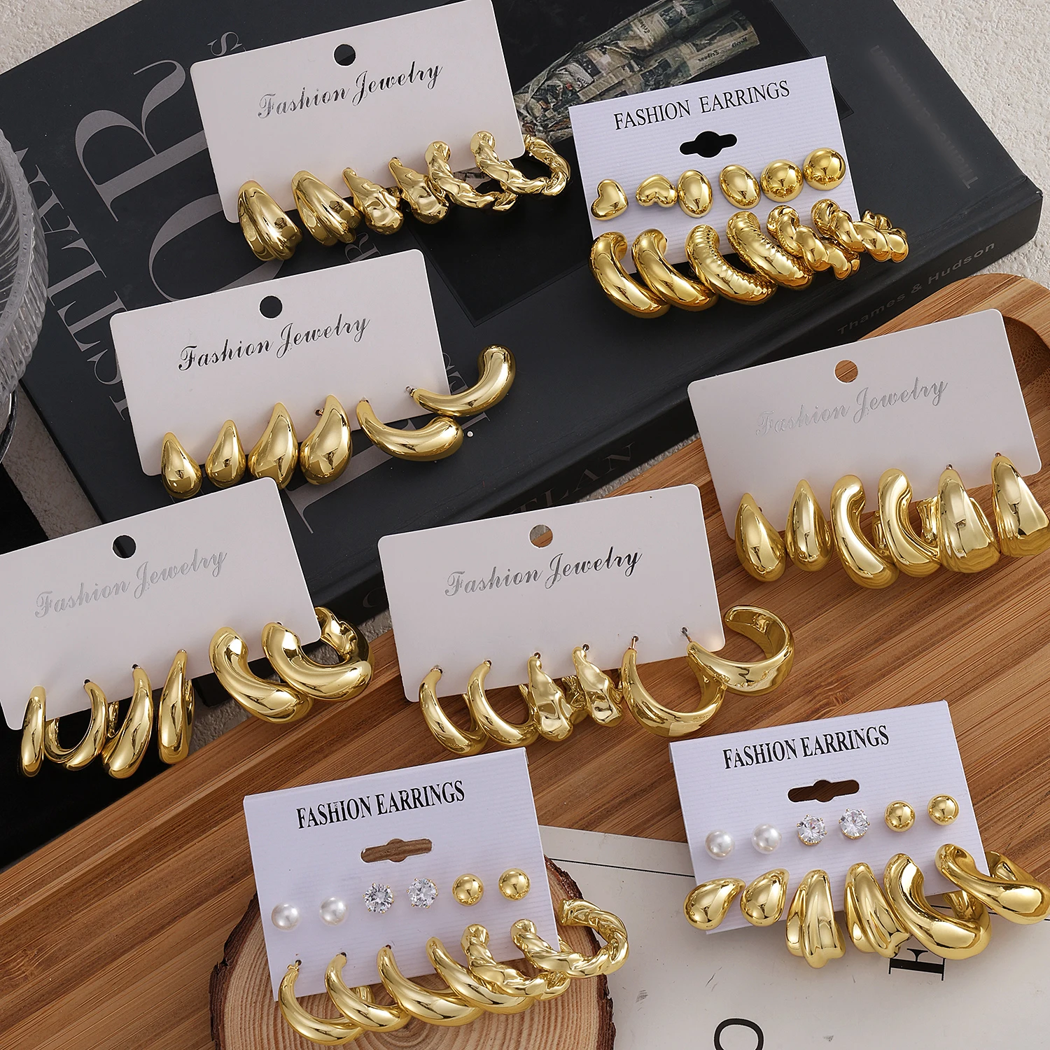 KISSWIFE 6 Pcs/Set 2024 New Trendy Wholesale Gold Plated Geometric Big Hoop Earrings Set For Women Jewelry