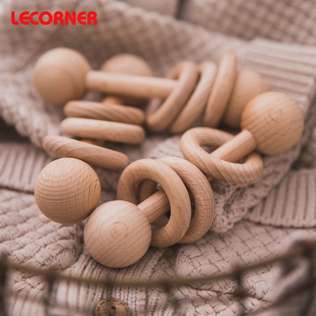 Factory outlet Multiple styles Natural wood Beech Wooden teether organic baby rattle with bear shape Baby Teething Toys