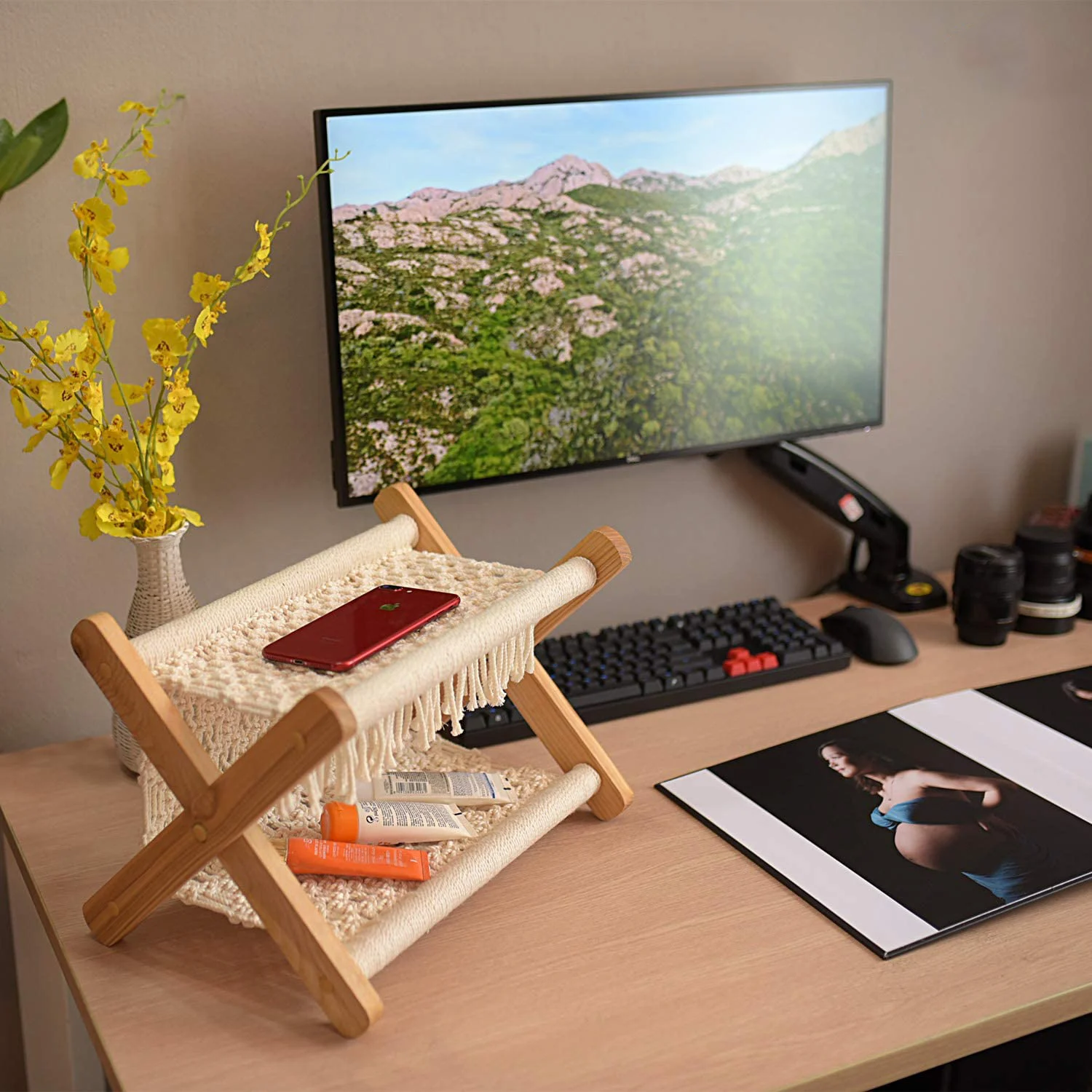 Bohemian Macrame Bamboo Book Holder for Magazine Newspaper Wooden Magazine Holder Bamboo Magazine Rack