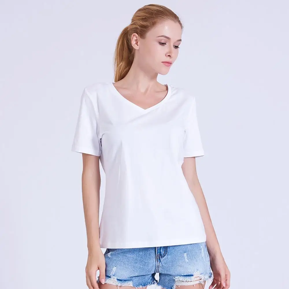 Custom Printed Graphic V Neck Women Plain Tee Shirt Organic Pima Cotton Women T Shirt Printing Design Brand Cotton Women T Shirt