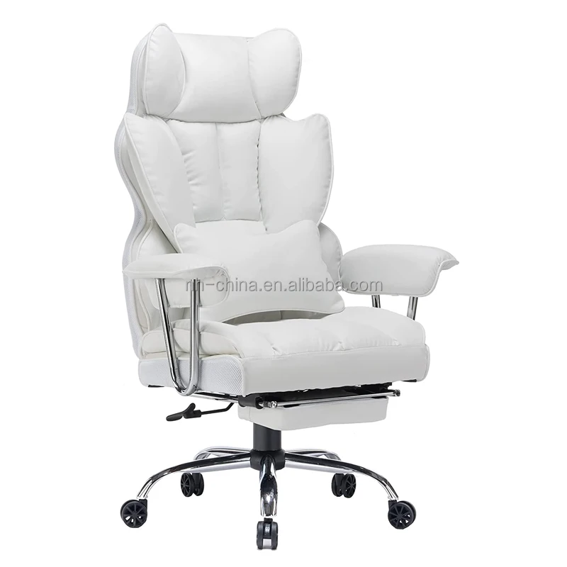 Heavy duty beige synthetic leather lumbar support executive reclining office chair with footrest