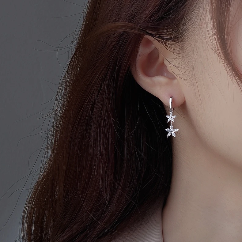 100% Real S925 Sterling Silver Dangle Drop Hoop Earrings Luxury Cubic Zirconia Flower Shape Pendant Hoops Piercing Earrings