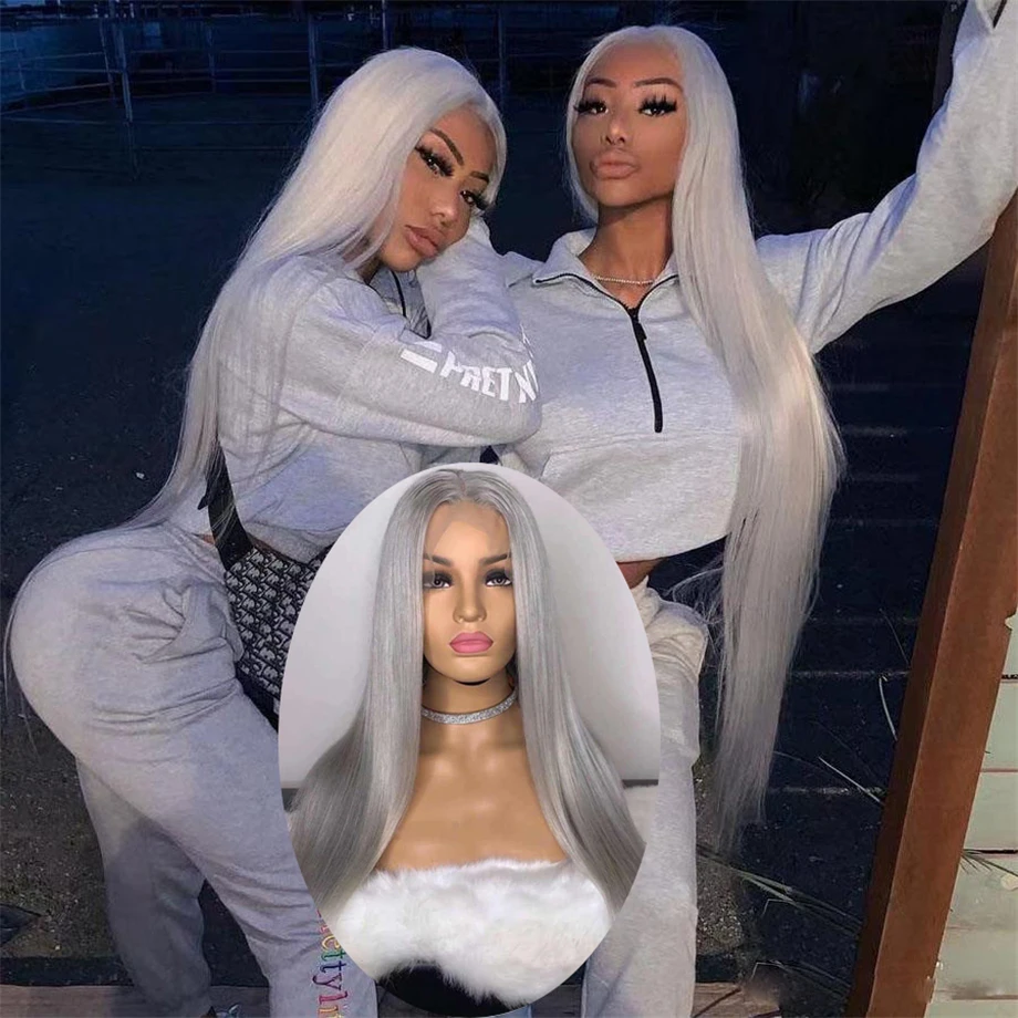 Lace Closure Brazilian Remy Straight Human Hair Wig Gray Color Blonde Hd 30 Inch Gray Hair Wig Silver Color Lace Frontal Wig