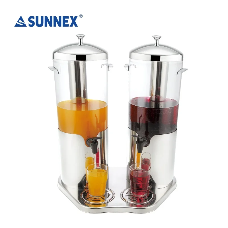 Sunnex 10Ltr Buffet Juice Beverage Dispenser Double Stainless Steel Base PC Container Ice Tube Cooling Juice Serving