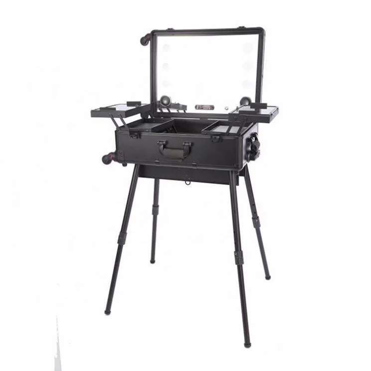 Empty professional trolley vanity traveling wheeled hard shell beauty organizer makeup cases with light mirror