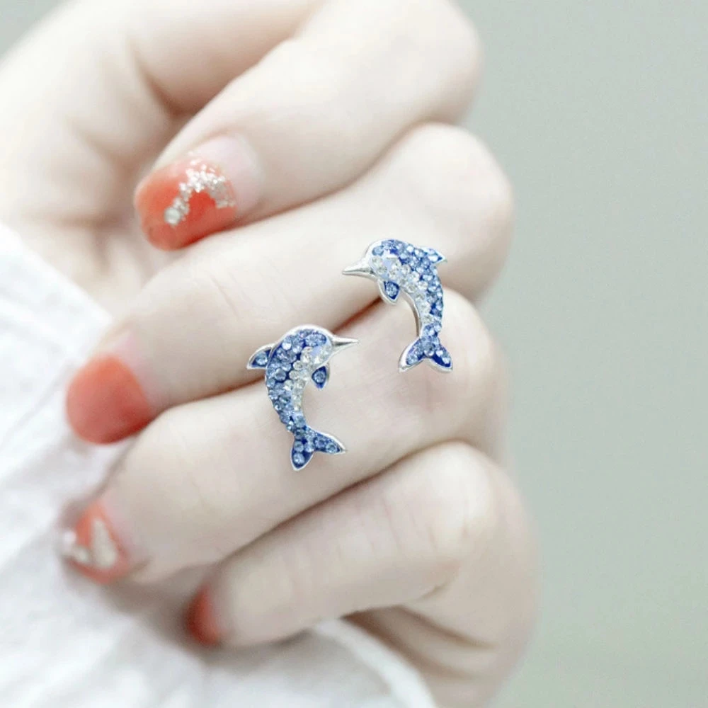 CAOSHI Sweet Lovely Dolphin Stud Earrings Sea Blue Cubic Zirconia Beautiful Minimal Silver Animal Cute Earrings Women