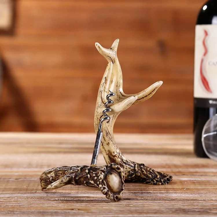 Nordic Resin Deer Antler Figurine Red Wine Bottle Opener for Home Decor