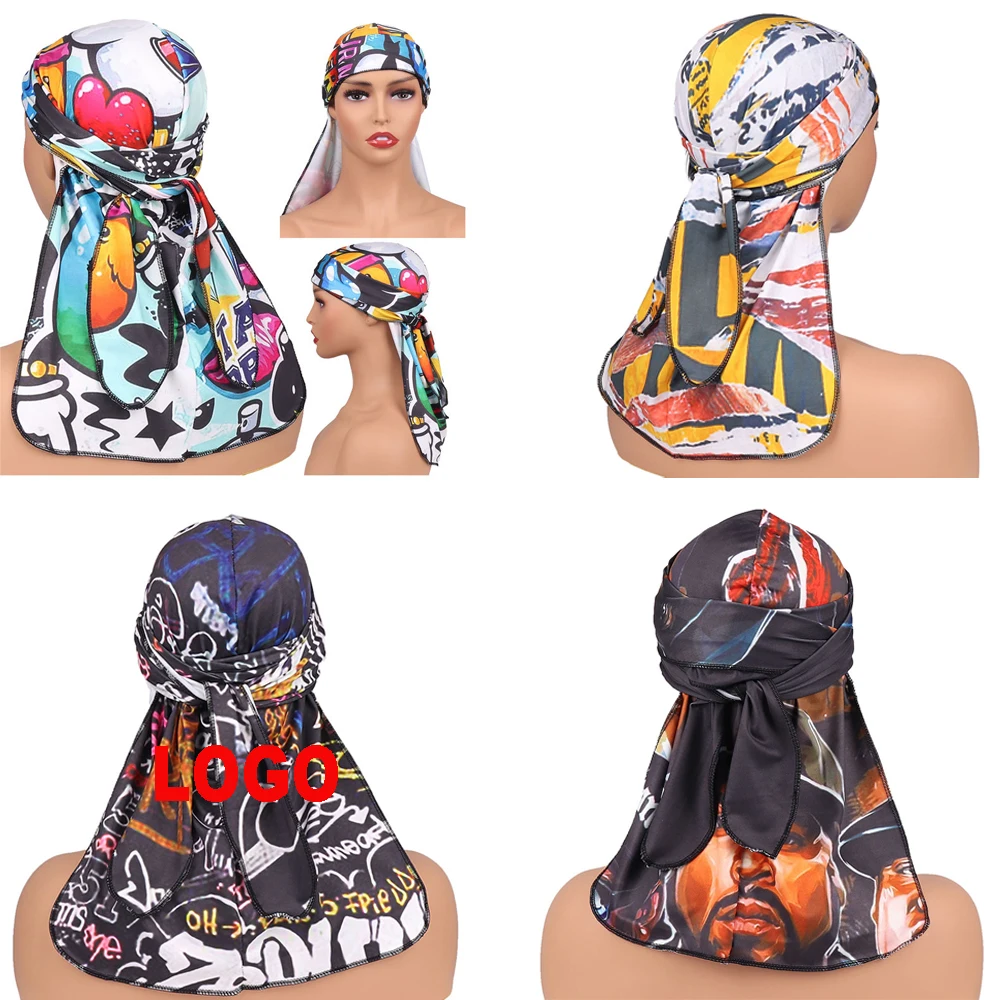 wholesale Custom LOGO Manufacturer silky hair Extra Long Tie Headband turban hat velvet design printed bonnet durag for men