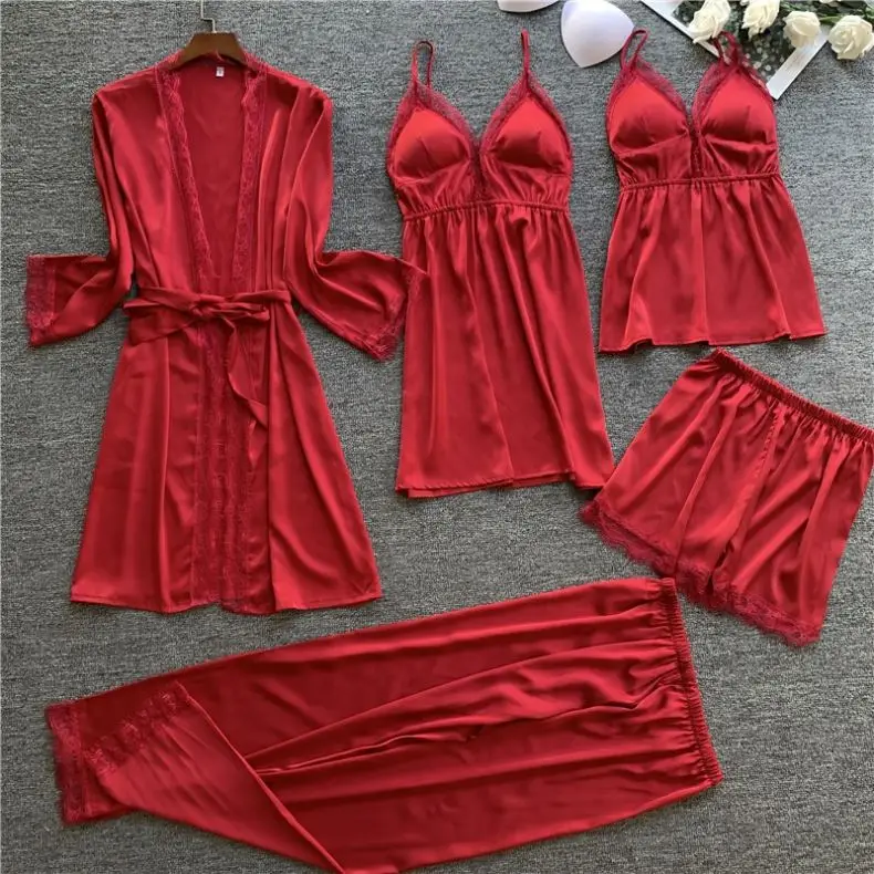 
NEW ARRIVAL wholesale 5 piece Satin Robe sets sexy lace babydoll for women summer lingerie Silky cami pajama set 