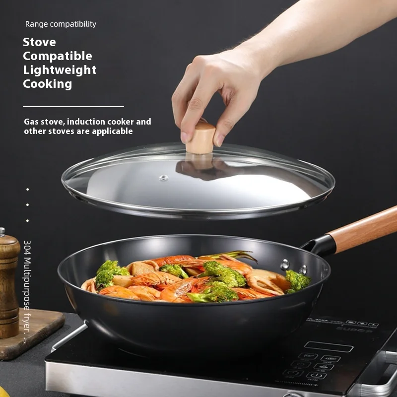 Multifunctional Iron Wok with Glass Lid Household Nitriding Universal Wok for Induction Cooker Gas Stove Uncoated Wok Wholesale