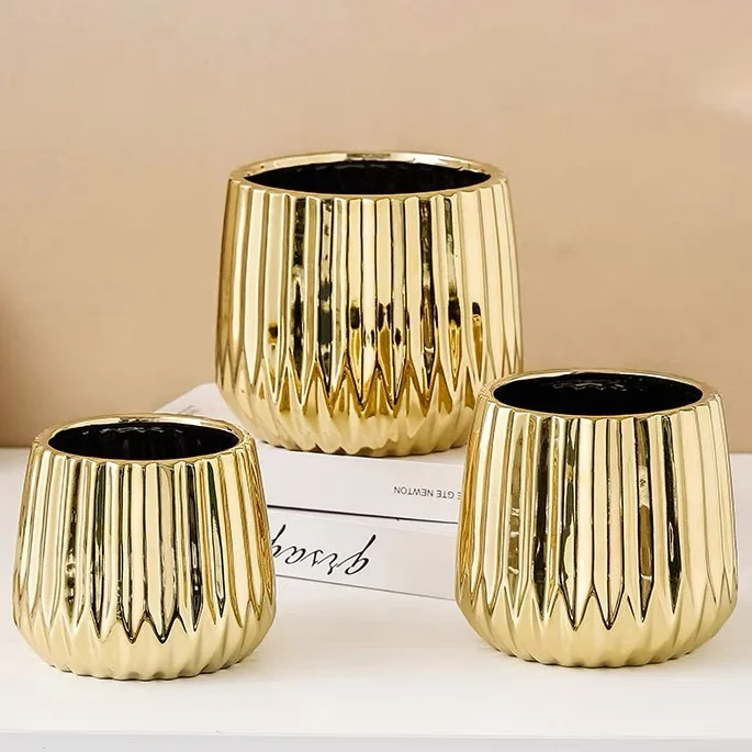 Unique Design Luxury Home Balcony Decoration Succulent Planter Stripe Gold Ceramic Flower Plant Pots
