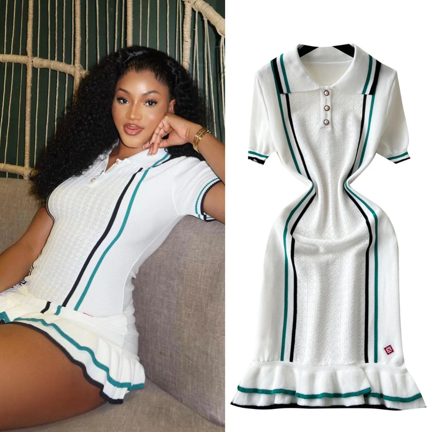 Sexy Knitted Elegant White Dress Featuring Striped Hem and Belted Waist Buttons Choice Skirt Casual  Slim Dresses