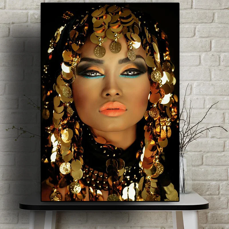 Home Decor African Woman with Makeup Wearing Sequin Headscarf Painting Posters Scandinavian Wall Art