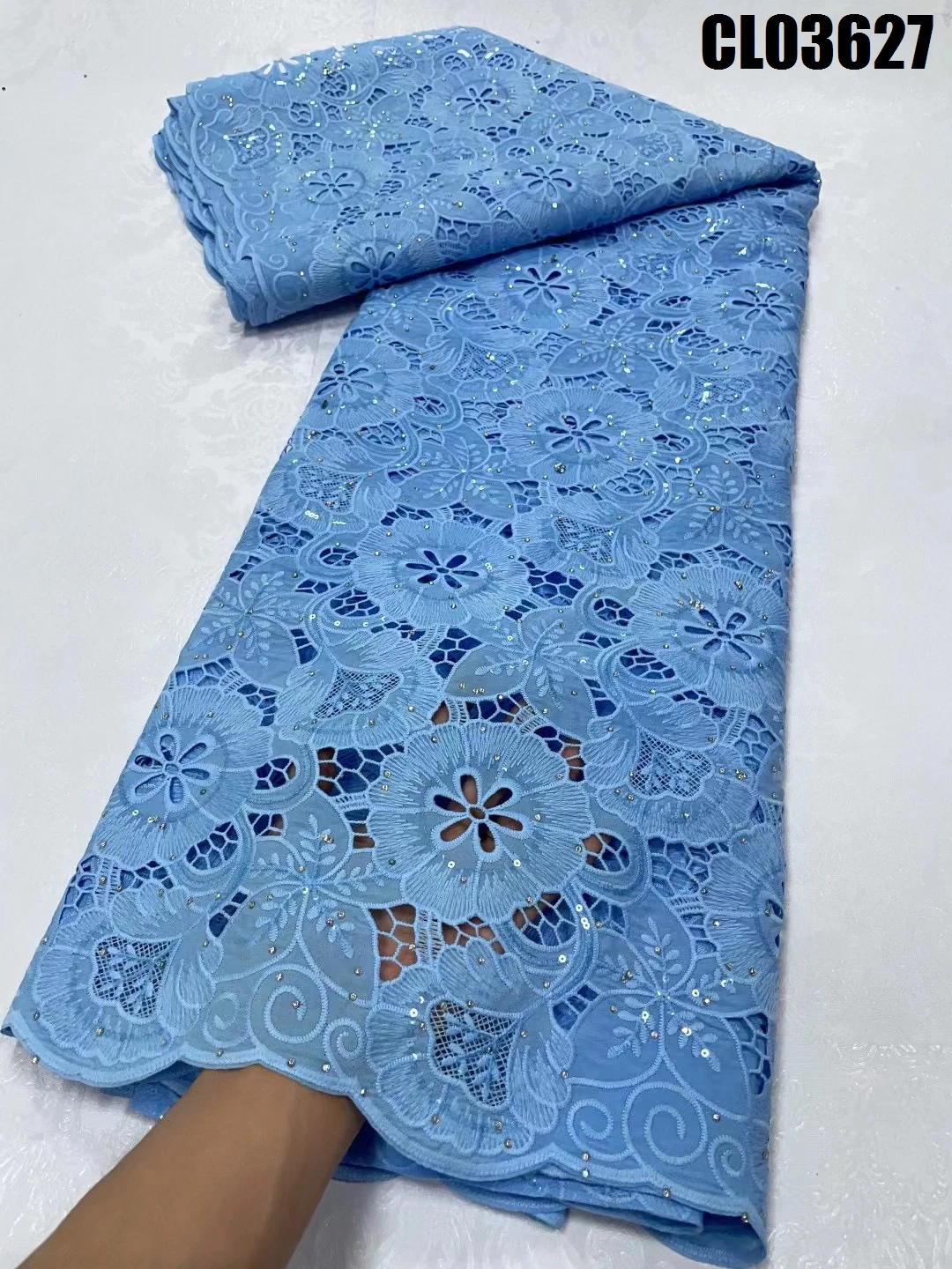 High Quality Mint Green Guipure Lace French Openwork Fabric Gemstone Embroidery African Cope Lace Fabric with Rhinestones