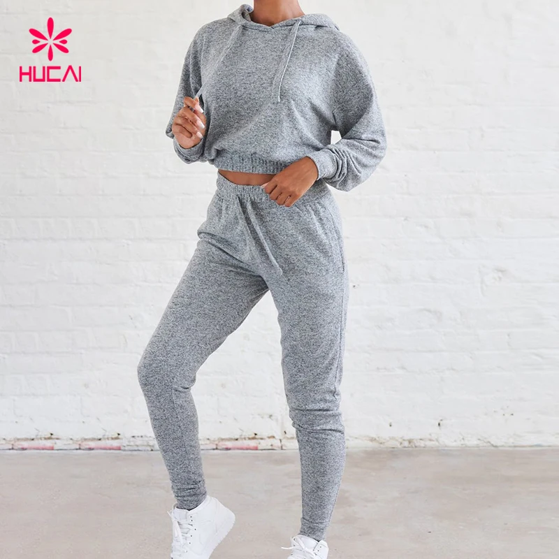Custom new hucai High Quality Women grey cotton crop top sweatpants velour sweat suits sweatsuit sets women