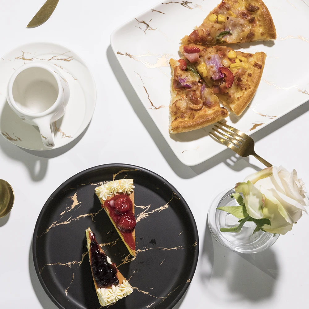 Themed Restaurant Chef's Favorite Elegant Ceramic Plate, Customized Gold Marble White Porcelain Dessert Plate