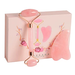 With Gua Sha Board 100% Natural Original Jade Rose Quartz Face Massager Jade Roller Set Pink Rose Jade Roller